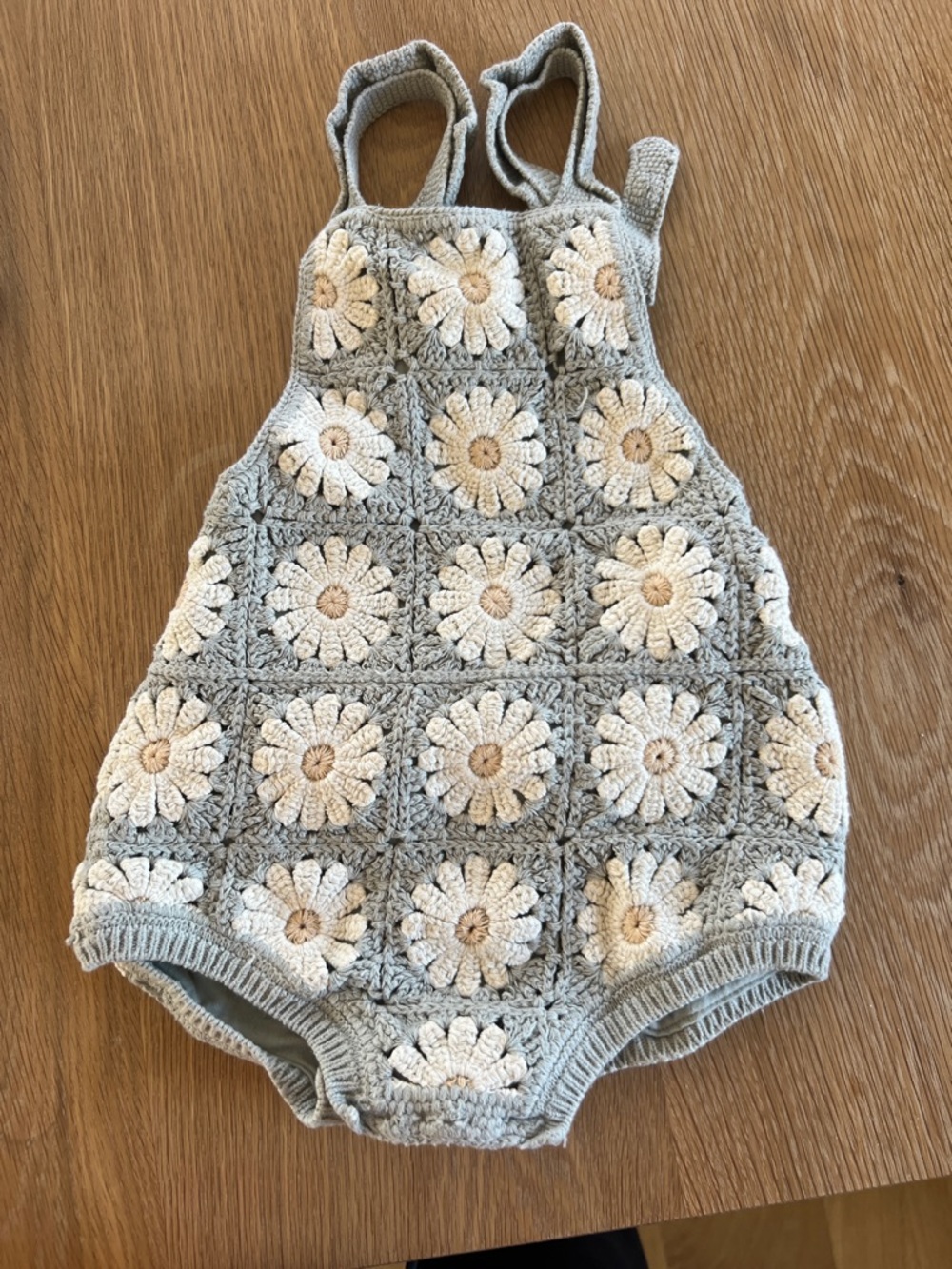 Rylee & Cru Crochet Daisy Romper in Light Gray and Cream